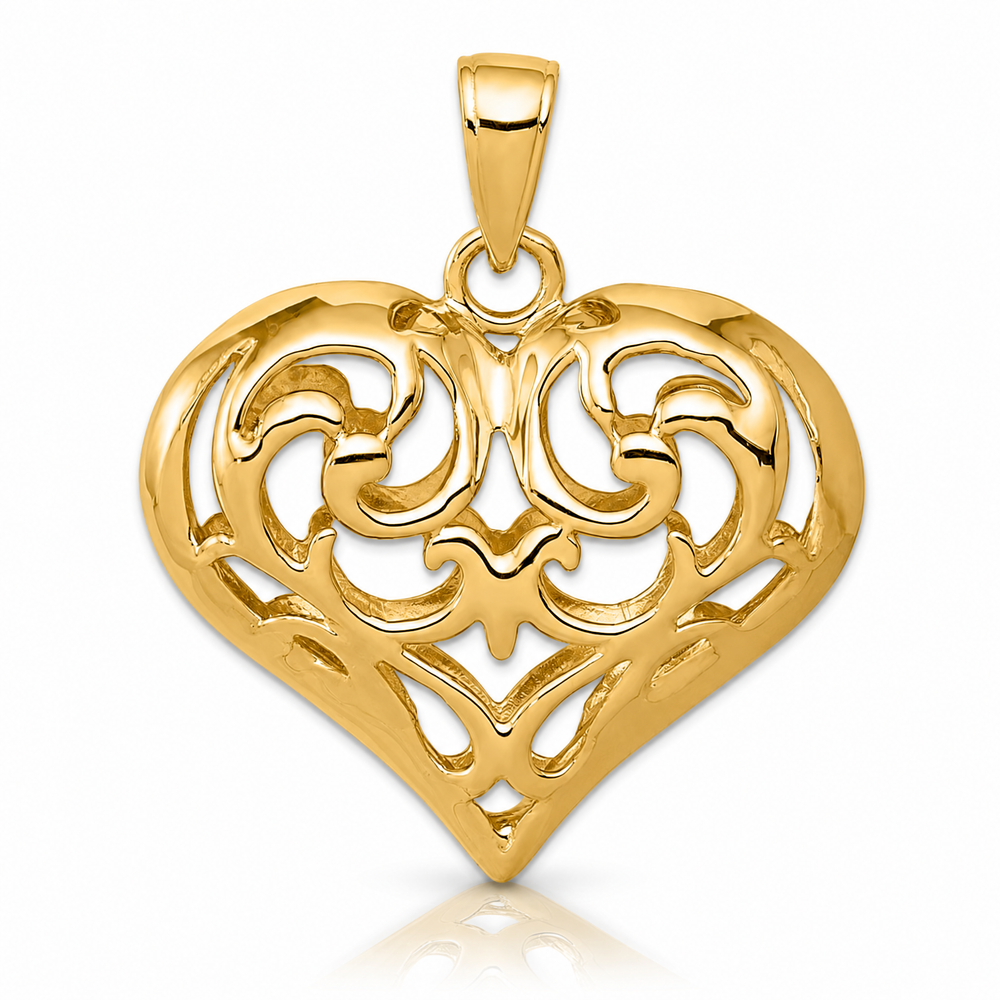 14K Yellow Gold Polished 3-D Filigree Puffed Heart Pendant