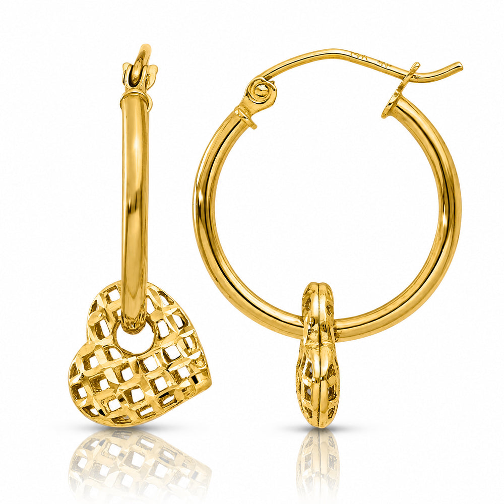 14K Yellow Gold Moveable Heart Hoop Earrings