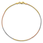 14K Tri-Color 1.5mm Diamond-cut Rope Chain Anklet Bracelet 7"-10" - Product Photo