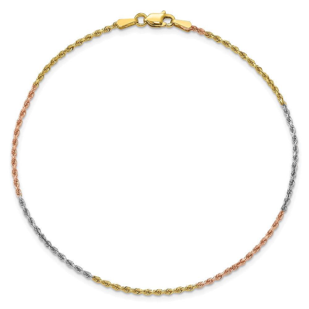 14K Tri-Color 1.5mm Diamond-cut Rope Chain Anklet Bracelet 7"-10" - Product Photo