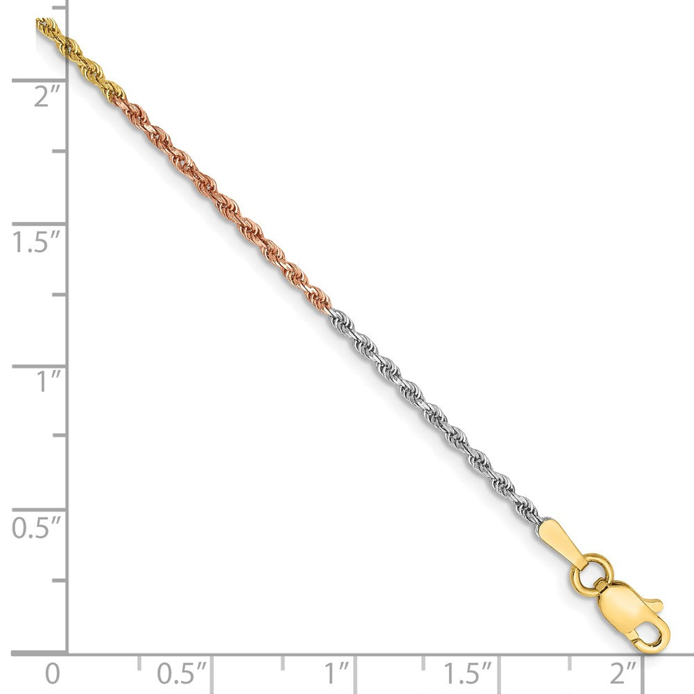 14K Tri-Color 1.5mm Diamond-cut Rope Chain Anklet Bracelet 7"-10" - Product Photo
