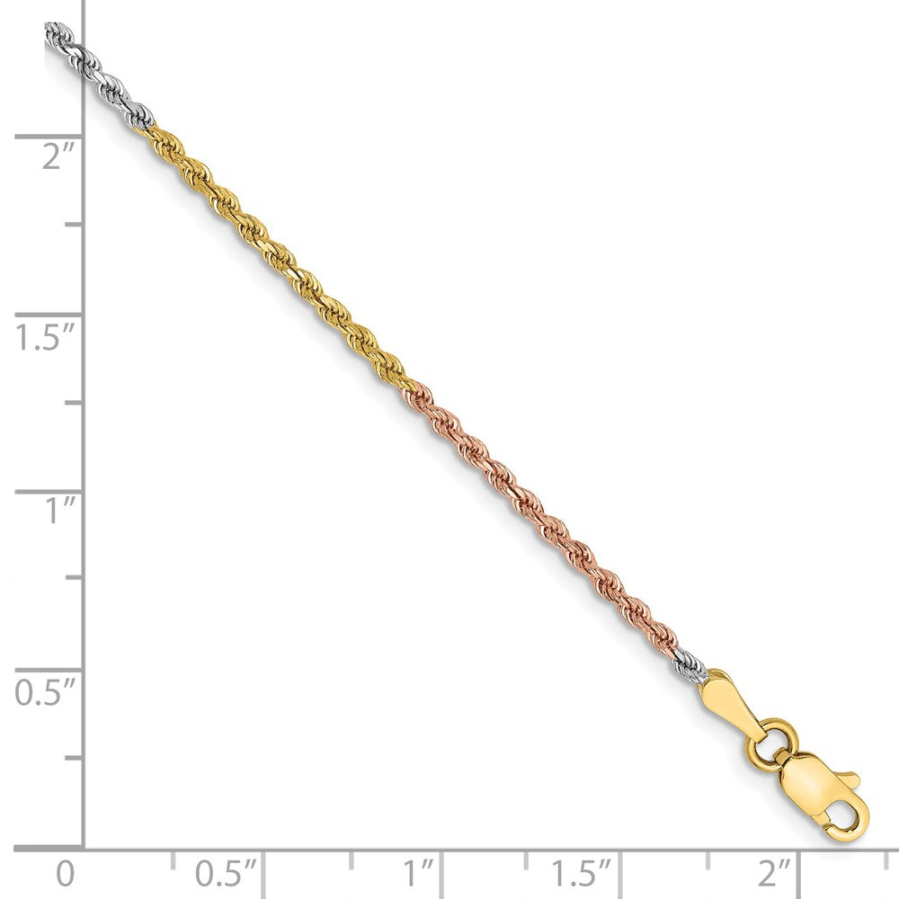 14K Tri-Color 1.75mm Diamond-cut Rope Chain Anklet Bracelet 7"-10" - Product Photo