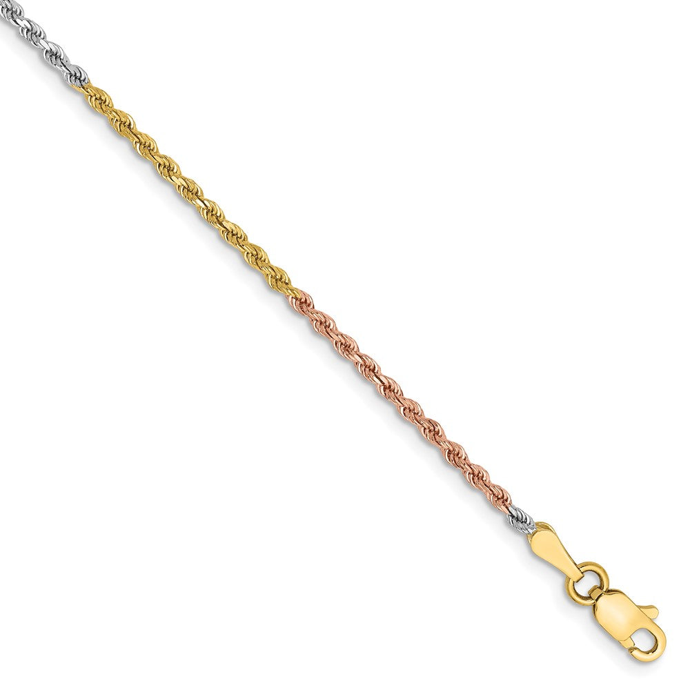 14K Tri-Color 1.75mm Diamond-cut Rope Chain Anklet Bracelet 7"-10" - Product Photo