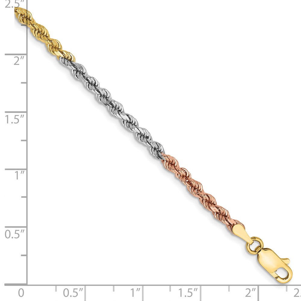 14K Tri-Color 2.9mm Diamond-Cut Rope Chain Bracelet 7"-8" - Product Photo