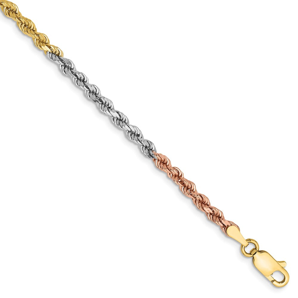 14K Tri-Color 2.9mm Diamond-Cut Rope Chain Bracelet 7"-8"