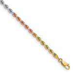 14K Tri-Color 3mm Diamond-Cut Rope Chain Bracelet 7"-8" - Product Photo