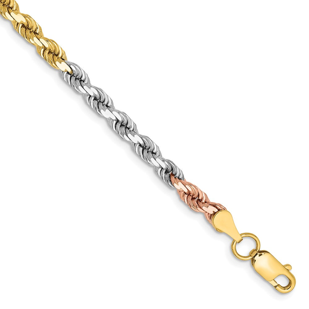 14K Tri-Color 4mm Diamond-Cut Rope Chain Bracelet 7"-8" - Product Photo
