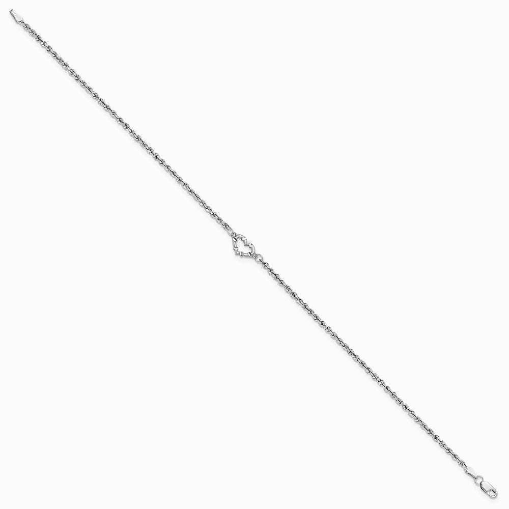 10K White Gold Diamond-cut Rope with Heart 10in Anklet - Product Photo