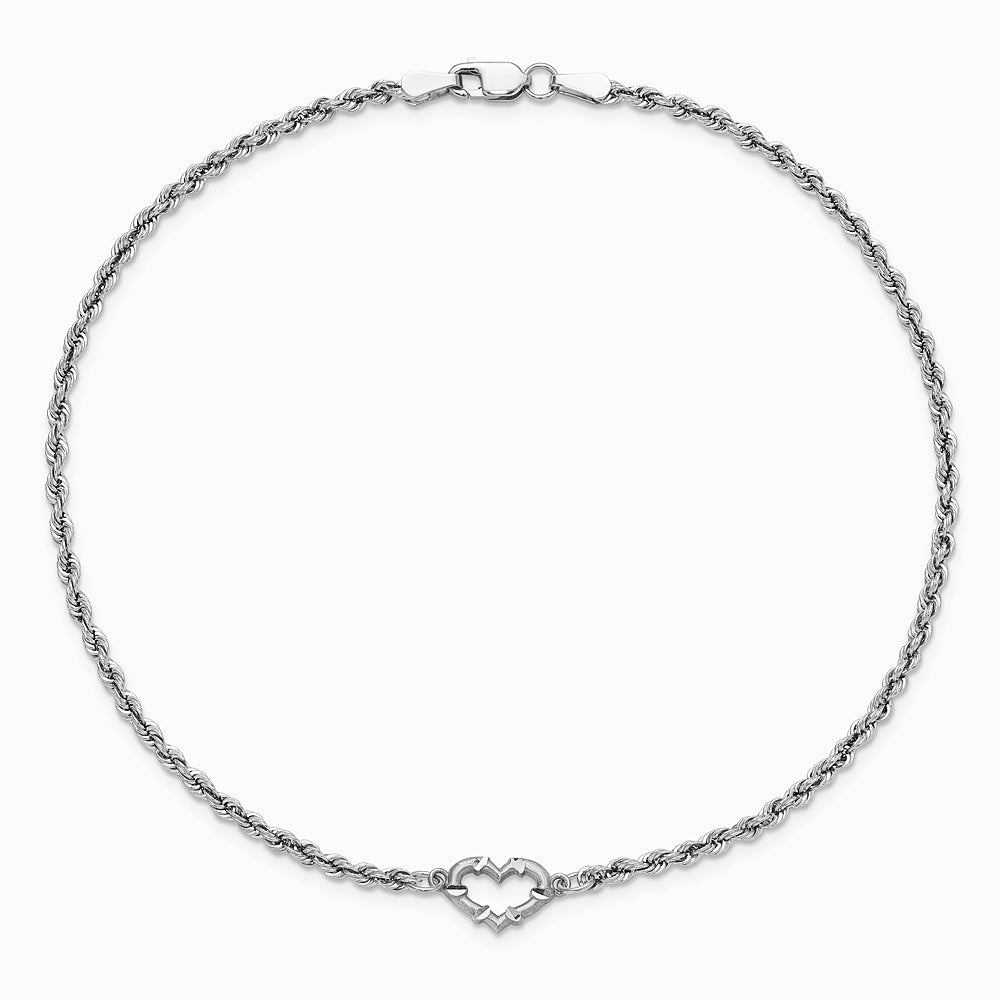 10K White Gold Diamond-cut Rope with Heart 10in Anklet - Product Photo