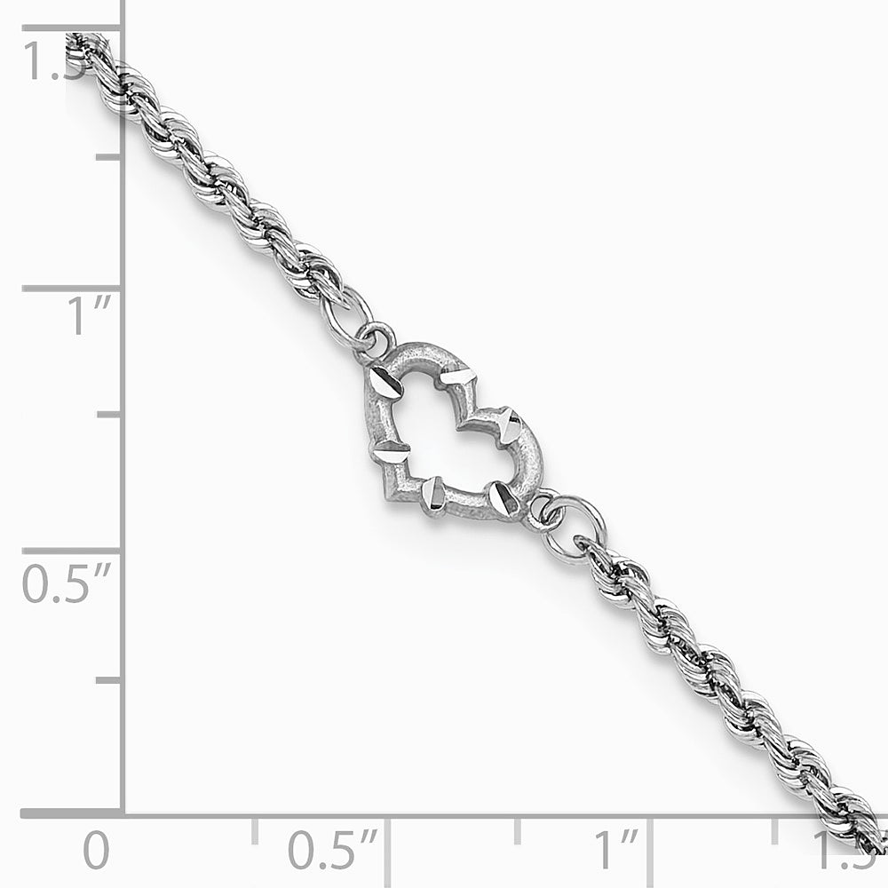 10K White Gold Diamond-cut Rope with Heart 10in Anklet - Product Photo