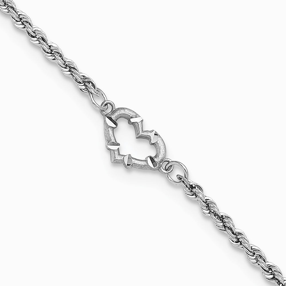 10K White Gold Diamond-cut Rope with Heart 10in Anklet - Product Photo