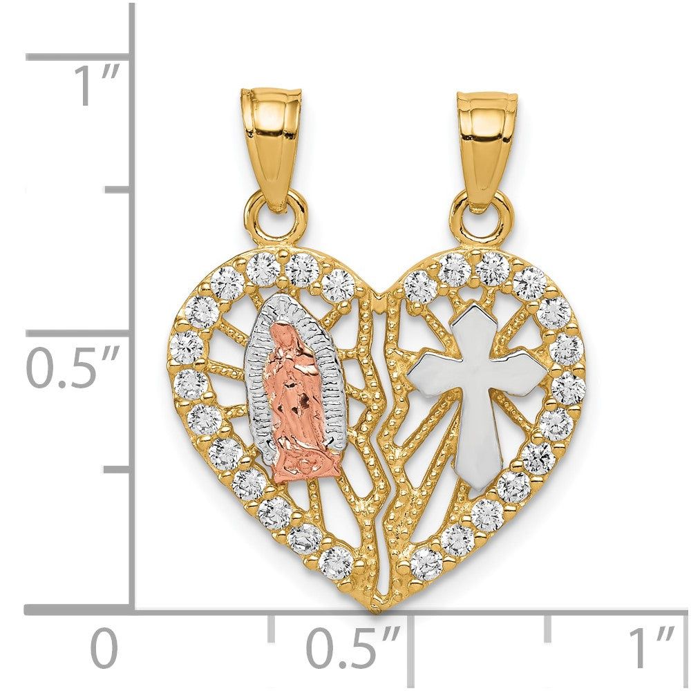 10k Two-tone w/ White Rhodium CZ Religious Break-apart Heart Pendant - Product Photo