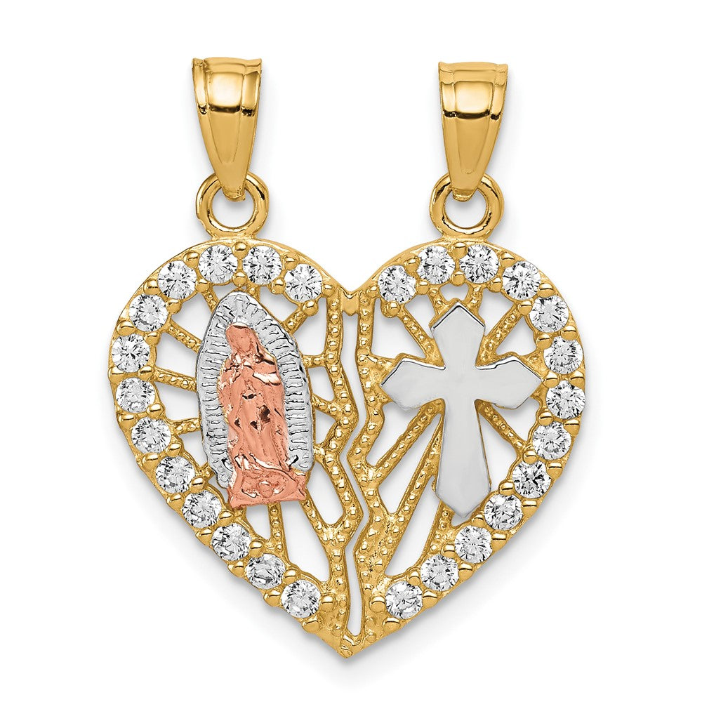 10k Two-tone w/ White Rhodium CZ Religious Break-apart Heart Pendant - Product Photo