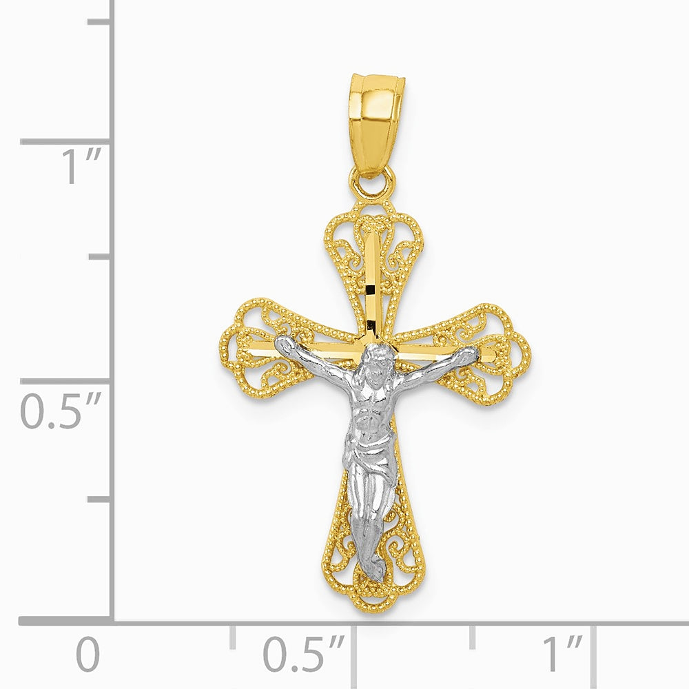 10K Yellow with Rhodium w/ Rhodium Filigree Crucifix Pendant - Product Photo