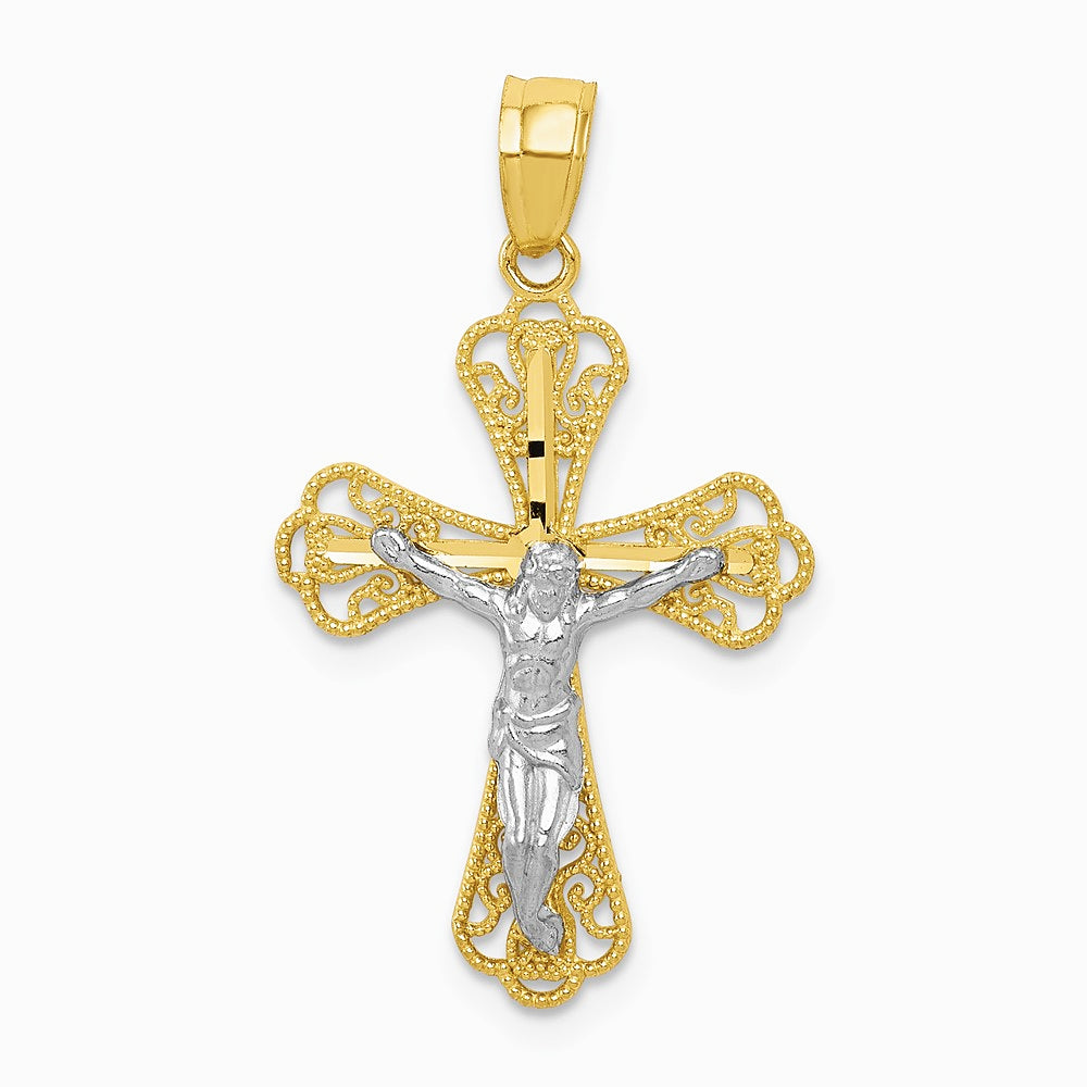 10K Yellow with Rhodium w/ Rhodium Filigree Crucifix Pendant - Product Photo