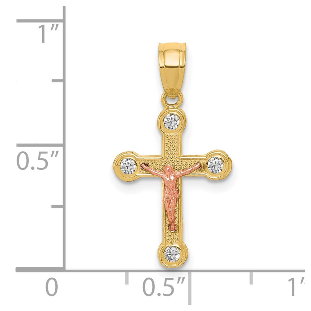 10k Two-tone Yellow and Rose Gold CZ Crucifix Pendant - Product Photo