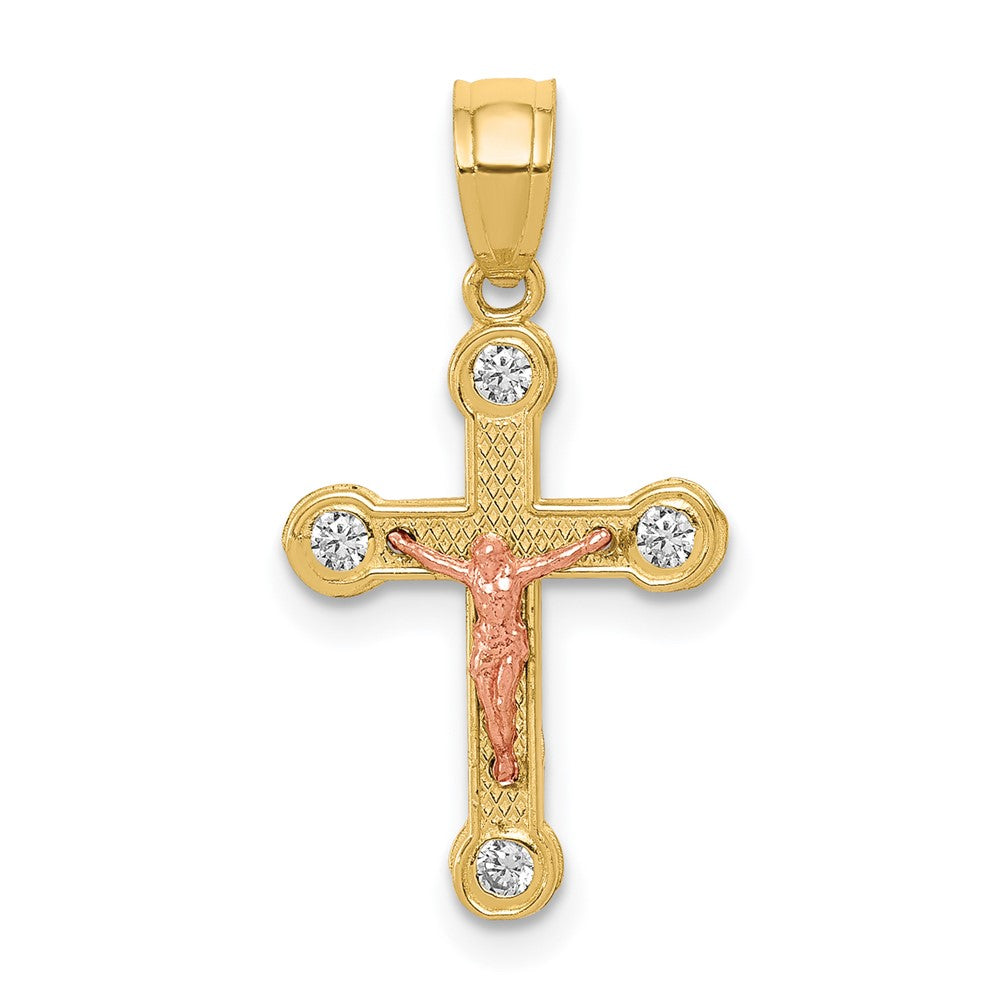 10k Two-tone Yellow and Rose Gold CZ Crucifix Pendant - Product Photo
