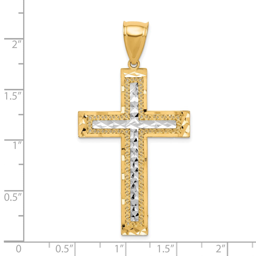 10K Yellow with Rhodium w/ Rhodium Diamond-Cut Cross Pendant - Product Photo