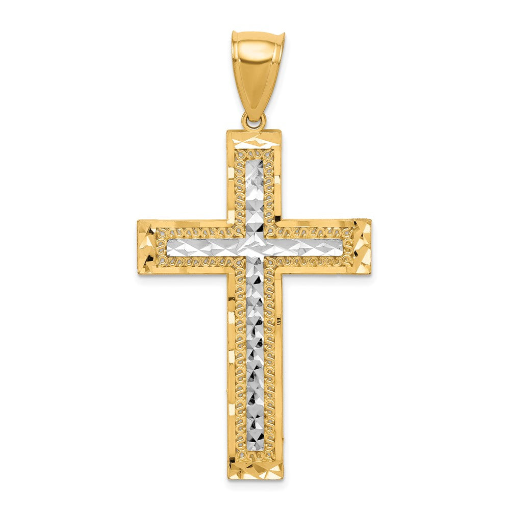 10K Yellow Gold w/Rhodium Diamond-Cut Cross Pendant
