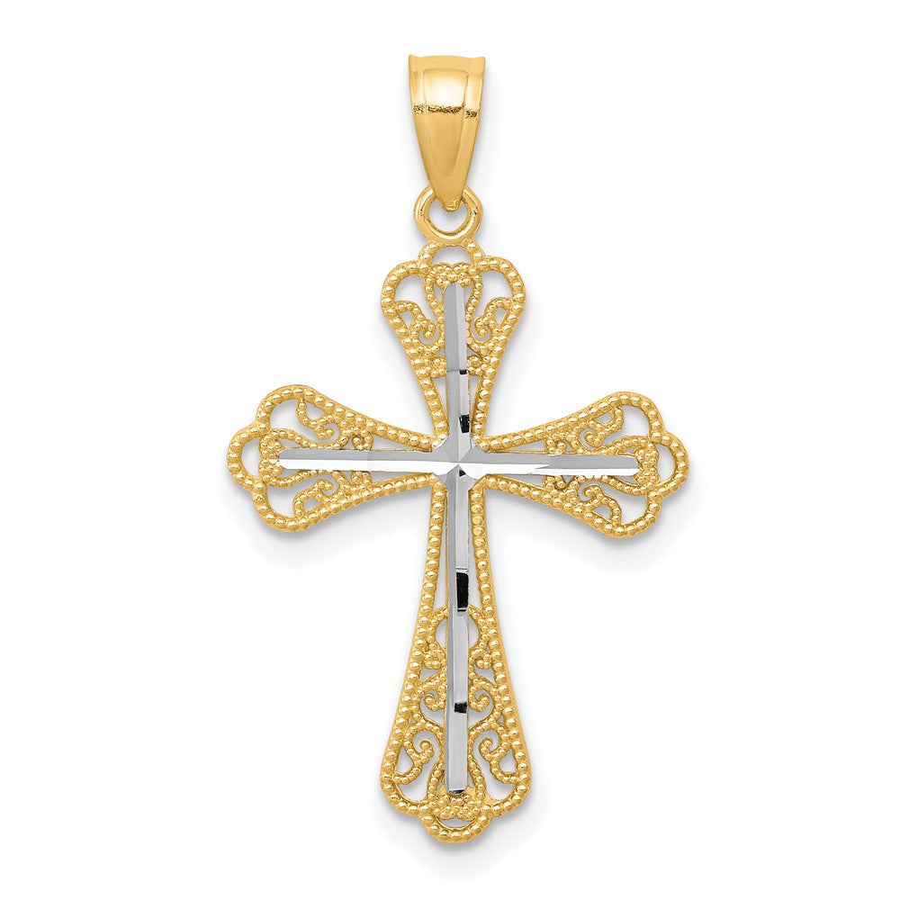 10K w/ Rhodium Diamond-Cut Cross Pendant - Product Photo