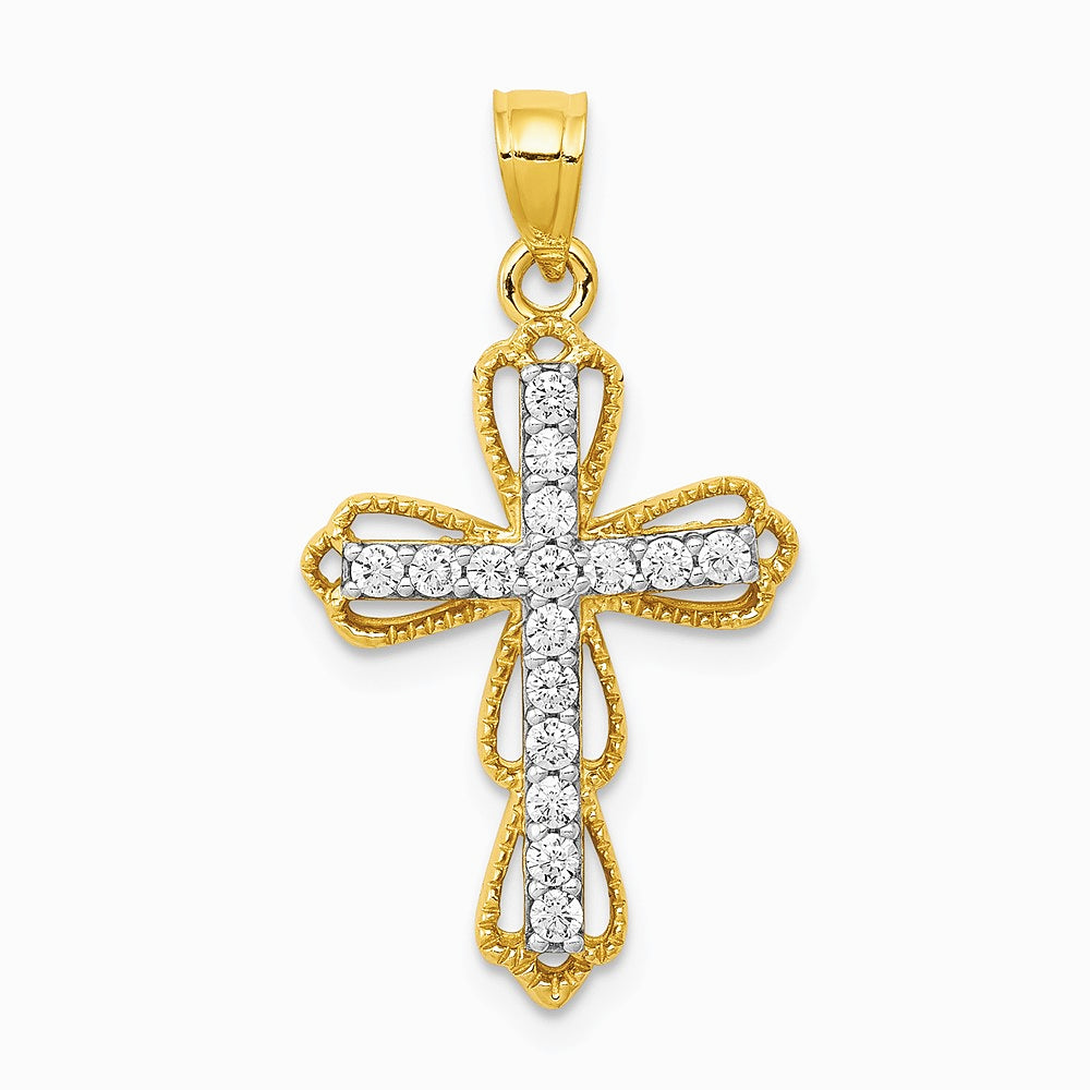 10K / 14K Yellow Gold CZ Filigree Cross Pendant
