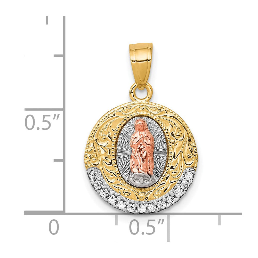 10K Two-Tone w/ Rhodium CZ Lady Of Guadalupe Round Pendant - Product Photo