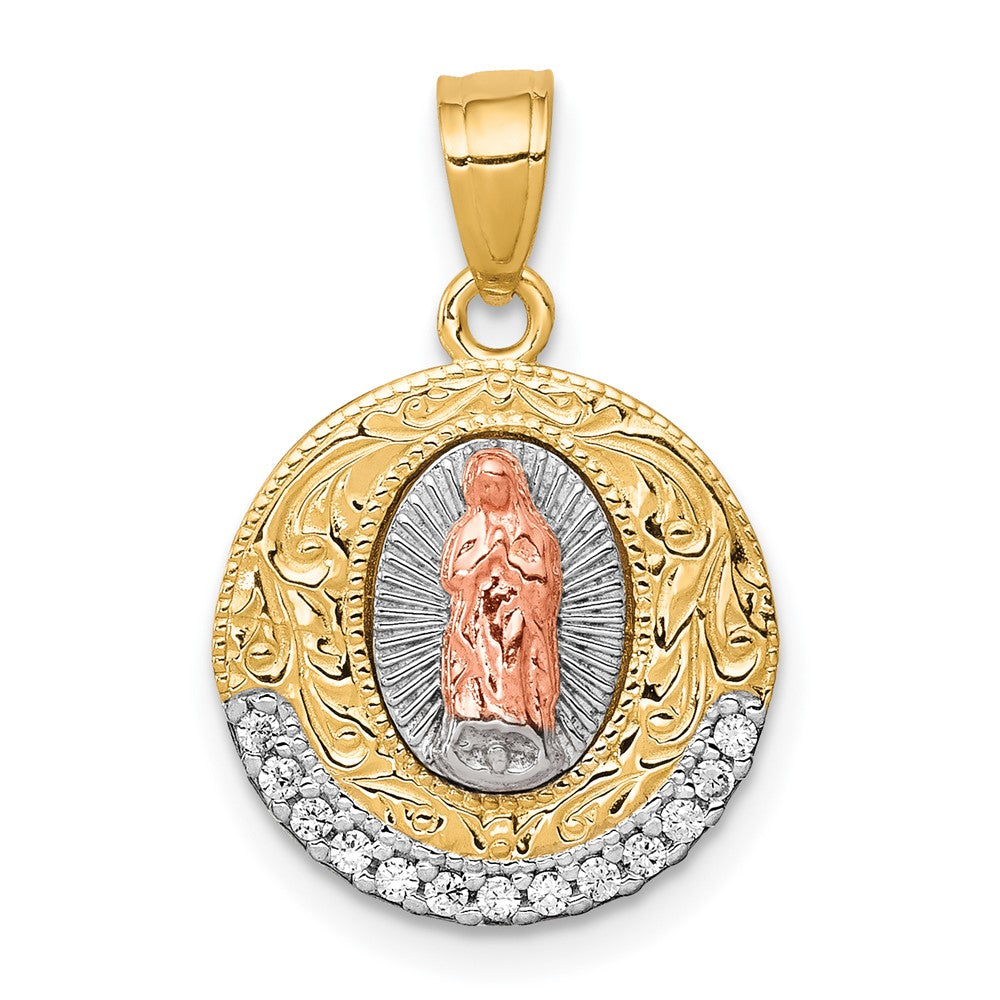 10K Two-Tone w/ Rhodium CZ Lady Of Guadalupe Round Pendant - Product Photo