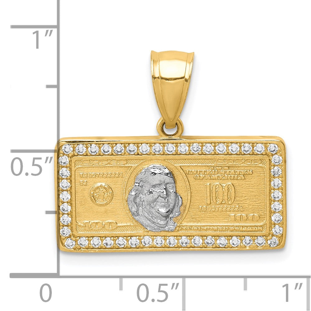 10K w/Rhodium CZ Micropave 100 Dollar Bill Pendant - Product Photo