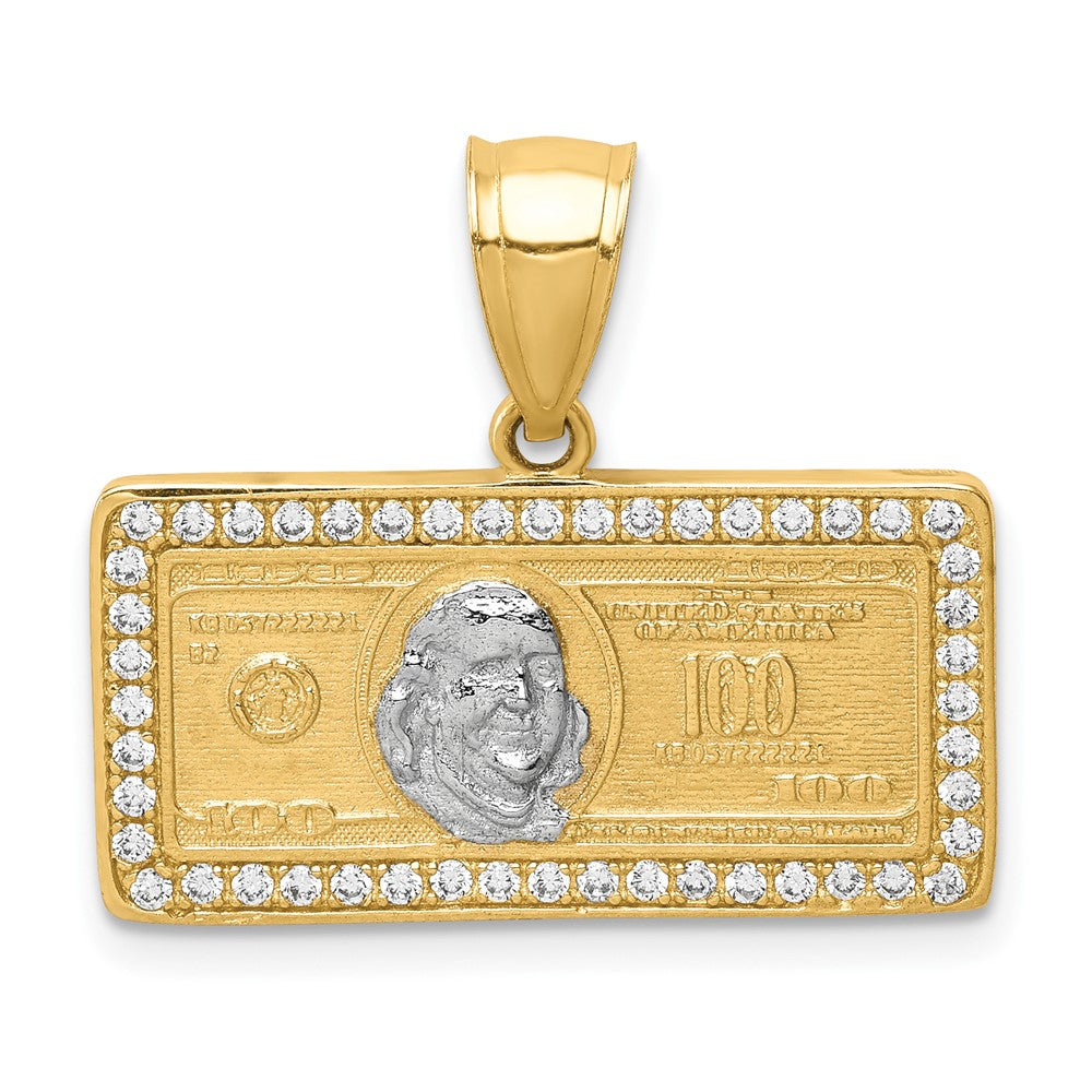 10K w/Rhodium CZ Micropave 100 Dollar Bill Pendant - Product Photo