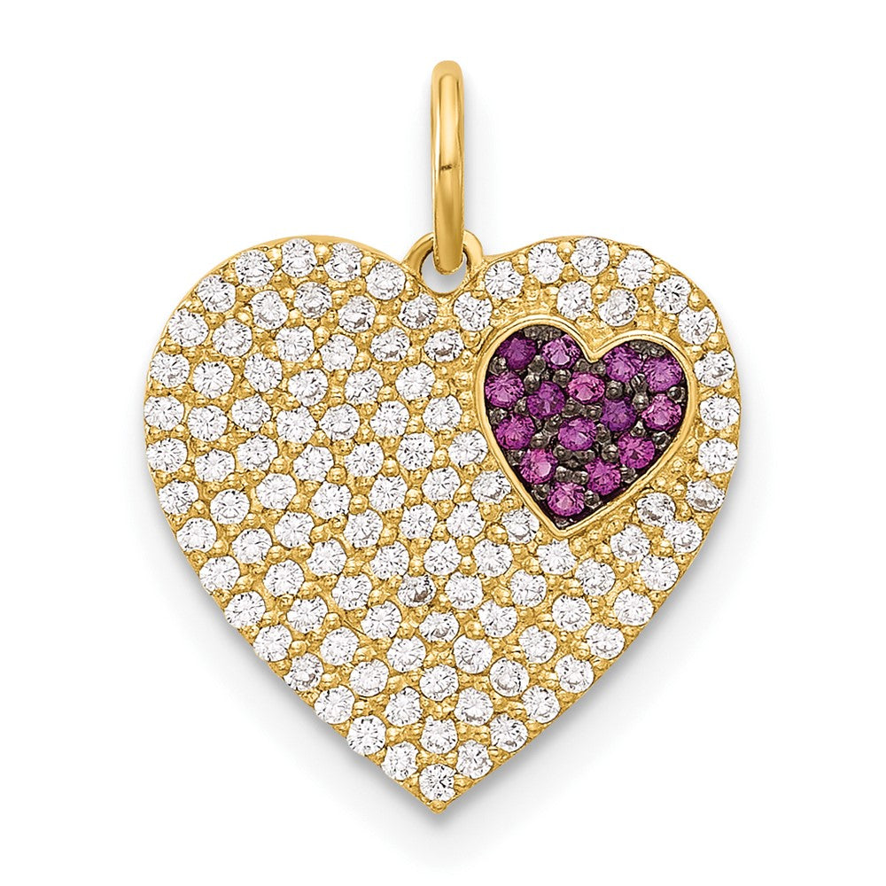 10K Polished Clear & Red CZ Heart Charm - Product Photo