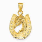 10K / 14K Yellow Gold Solid Polished Horse Head in Horseshoe Pendant - Product Photo