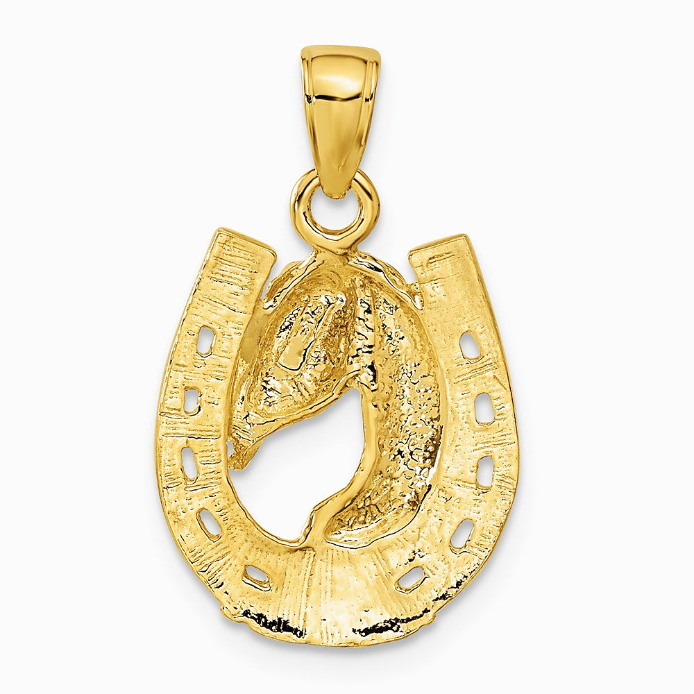 10K / 14K Yellow Gold Solid Polished Horse Head in Horseshoe Pendant - Product Photo