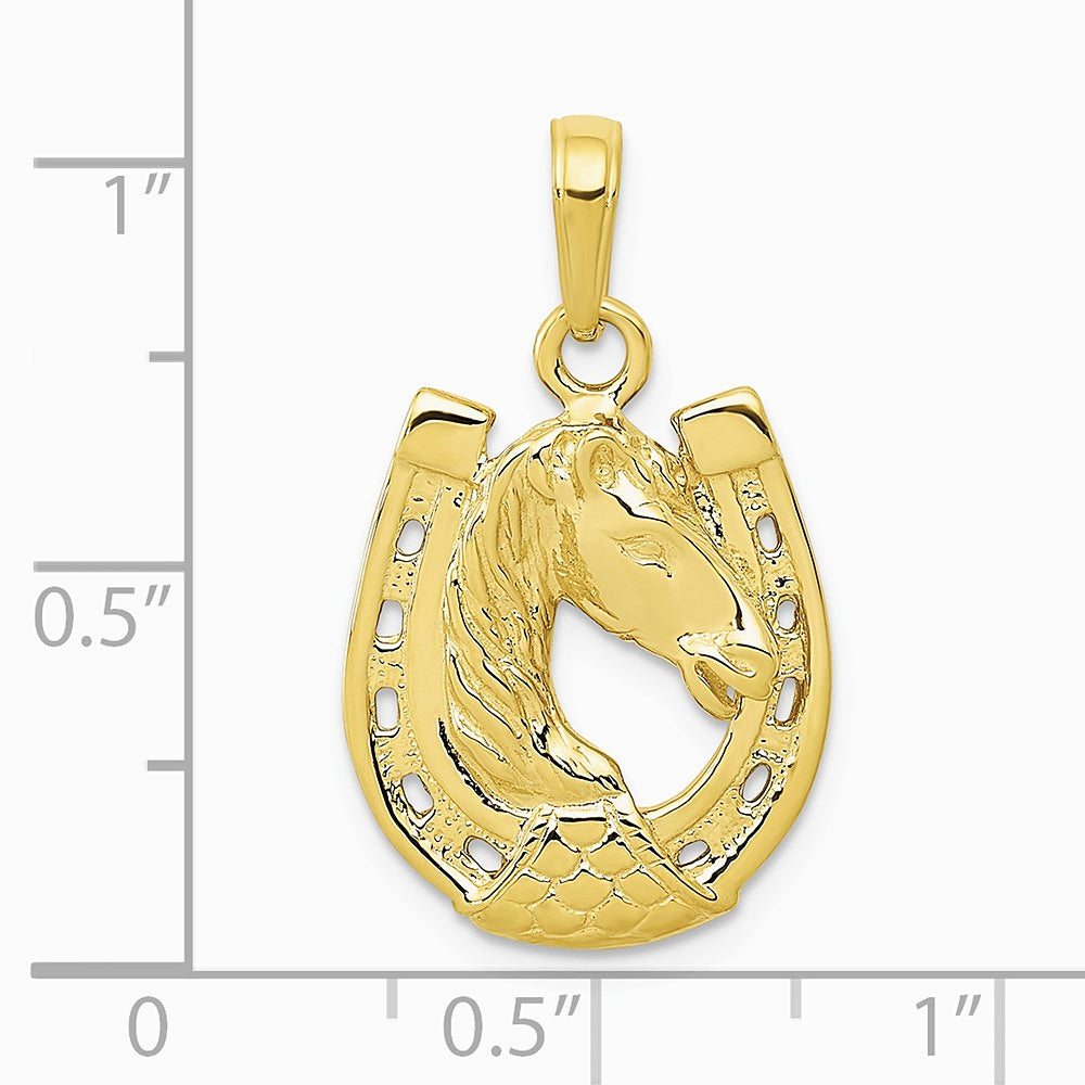 10K / 14K Yellow Gold Solid Polished Horse Head in Horseshoe Pendant - Product Photo