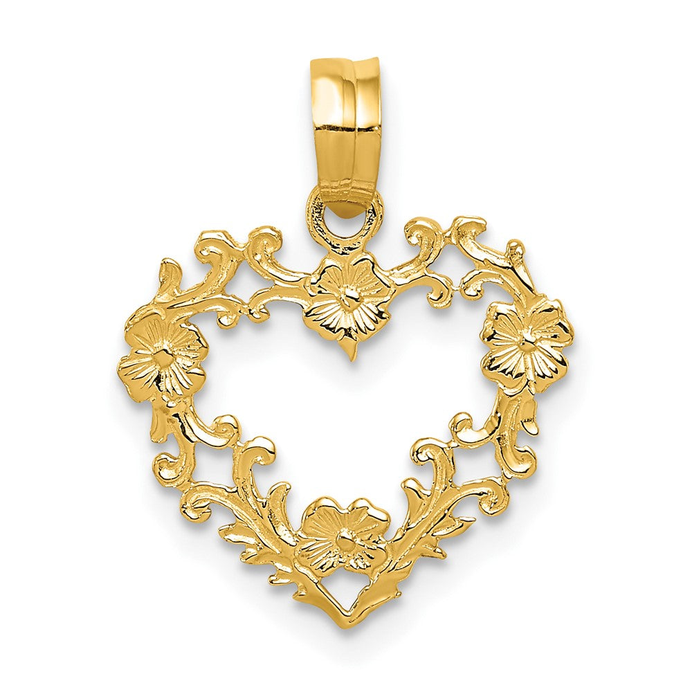10K / 14K Yellow Gold Polished Floral Border Heart Pendant - Product Photo