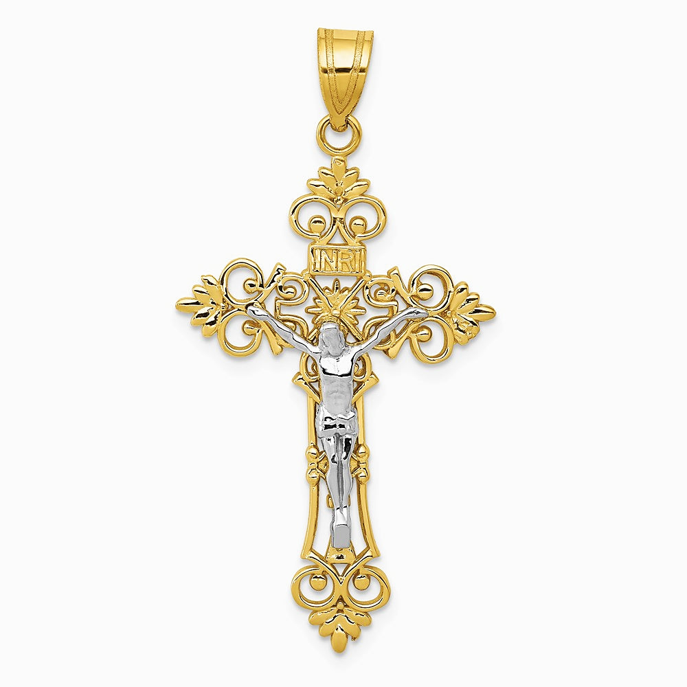 10K / 14K Two-tone Large Lacey-edged INRI Crucifix Pendant