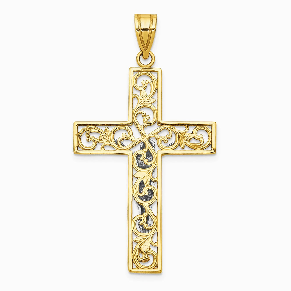 10K / 14K Two-tone Diamond-Cut Large Block Filigree Cross with Crucifix Pendant - Product Photo