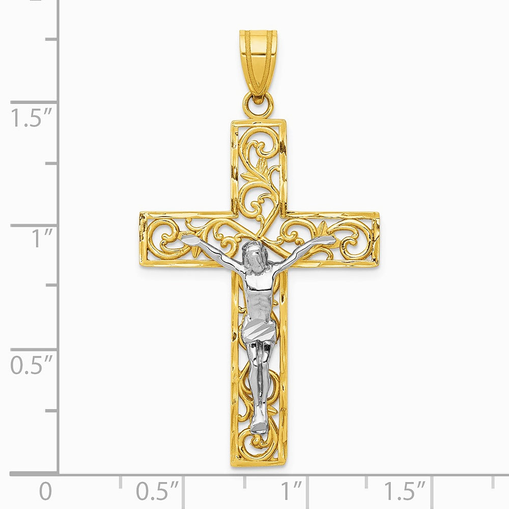 10K / 14K Two-tone Diamond-Cut Large Block Filigree Cross with Crucifix Pendant - Product Photo