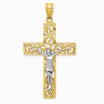 10K / 14K Two-tone Diamond-Cut Large Block Filigree Cross with Crucifix Pendant - Product Photo