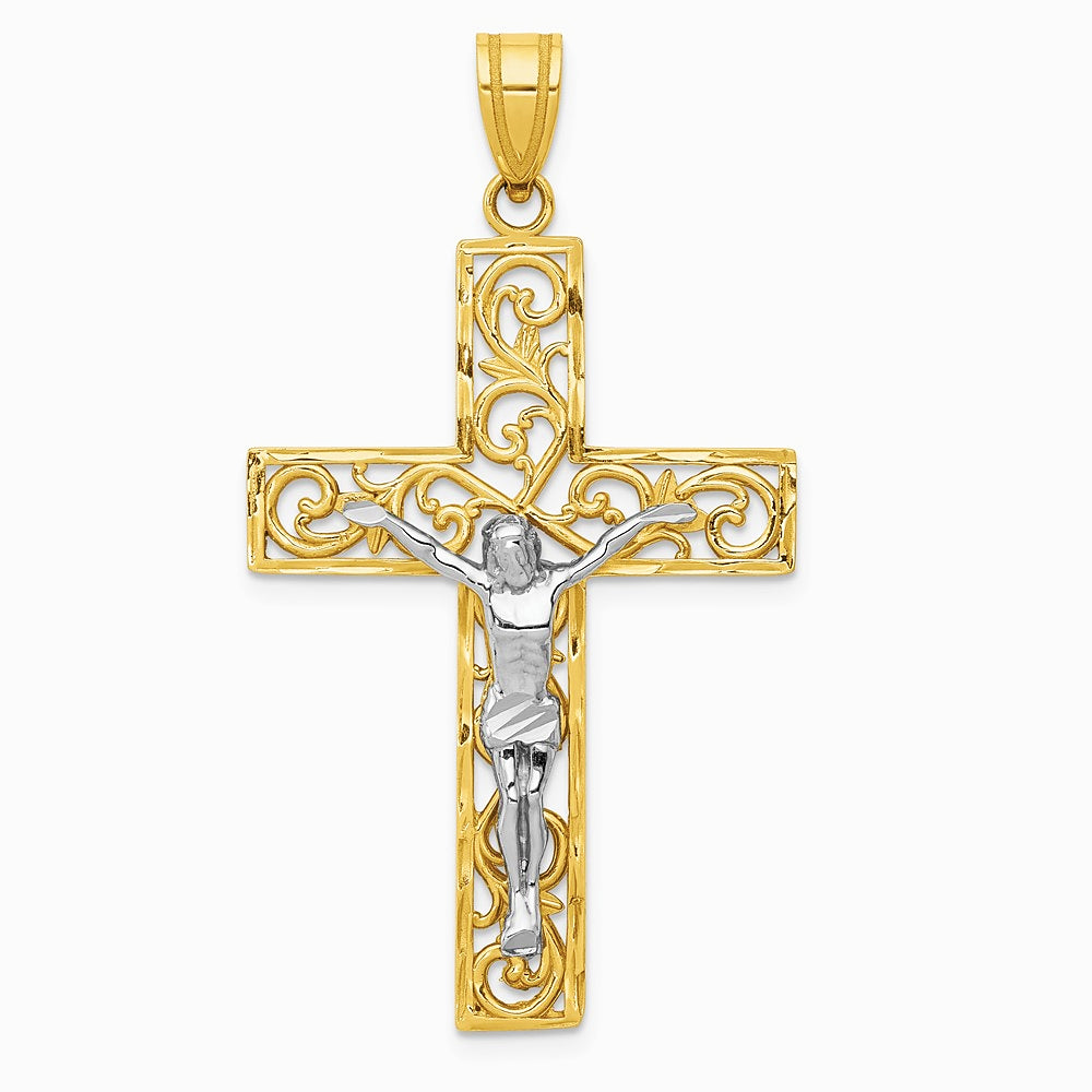 10K / 14K Two-tone Diamond-Cut Large Block Filigree Cross with Crucifix Pendant