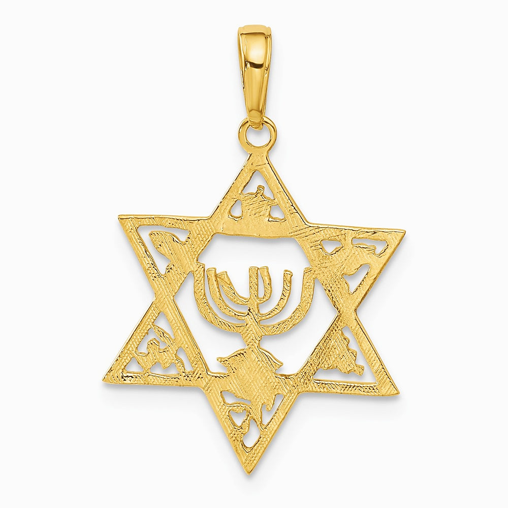 10K / 14K Yellow Gold Star of David with Menorah Pendant - Product Photo