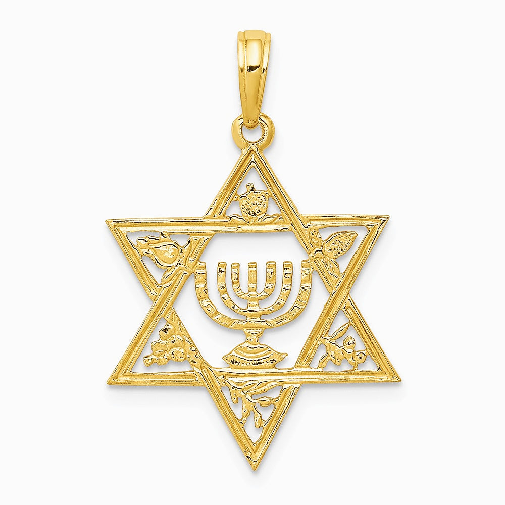 10K / 14K Yellow Gold Star of David with Menorah Pendant - Product Photo