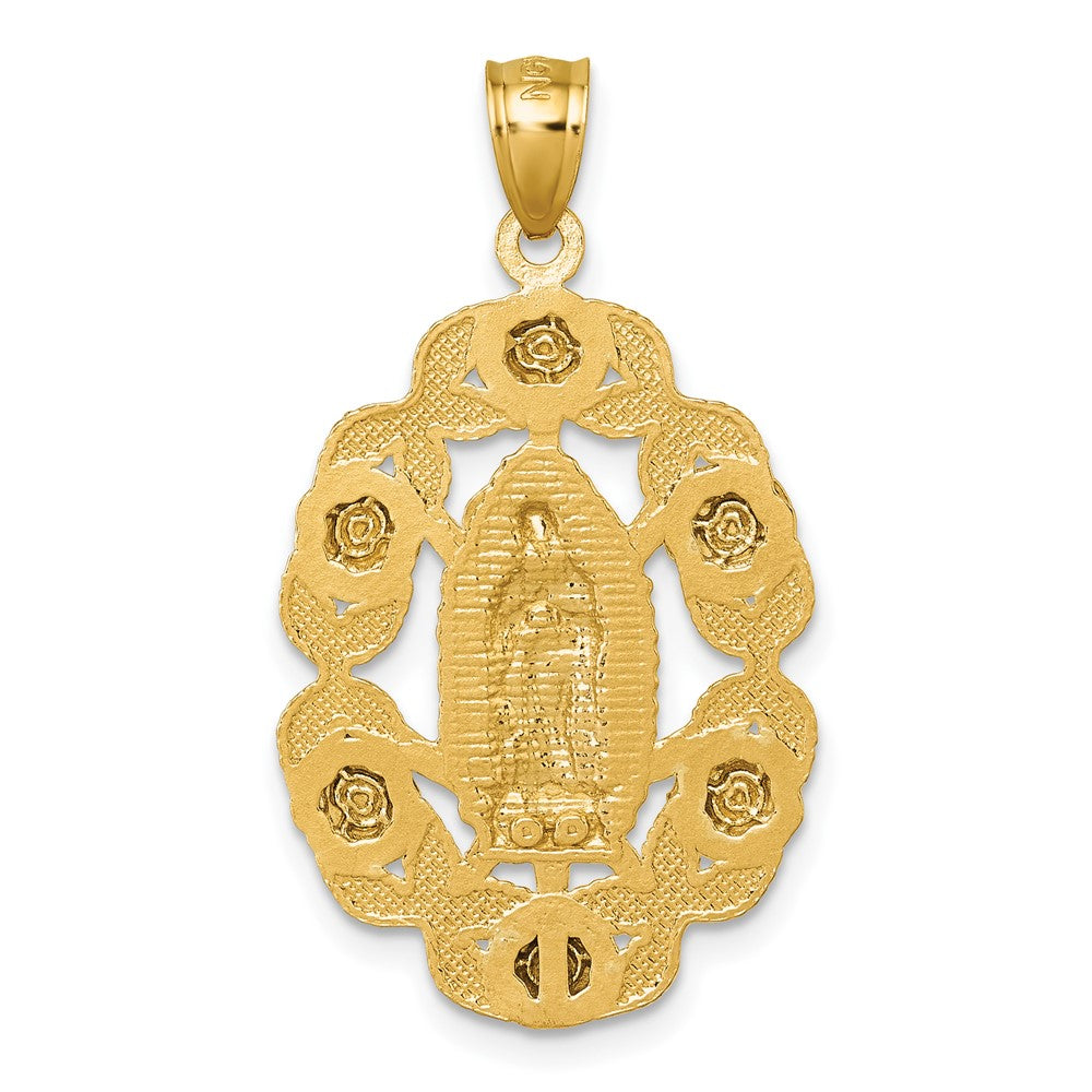 10K Yellow Gold Polished Diamond-cut Our Lady of Guadalupe with Flowers Pendant - Product Photo
