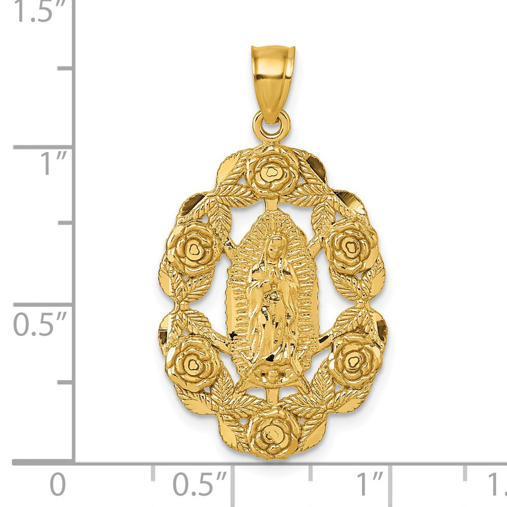 10K Yellow Gold Polished Diamond-cut Our Lady of Guadalupe with Flowers Pendant - Product Photo