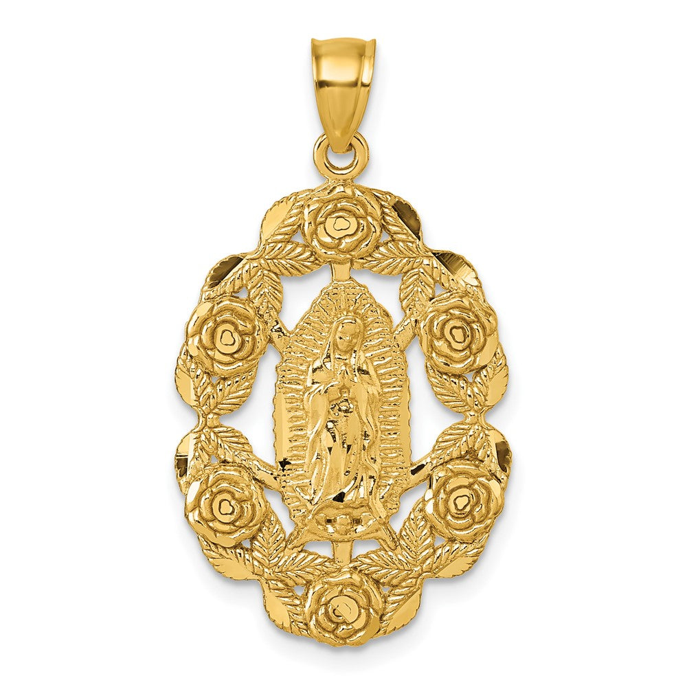 10K Yellow Gold Polished Diamond-cut Our Lady of Guadalupe with Flowers Pendant