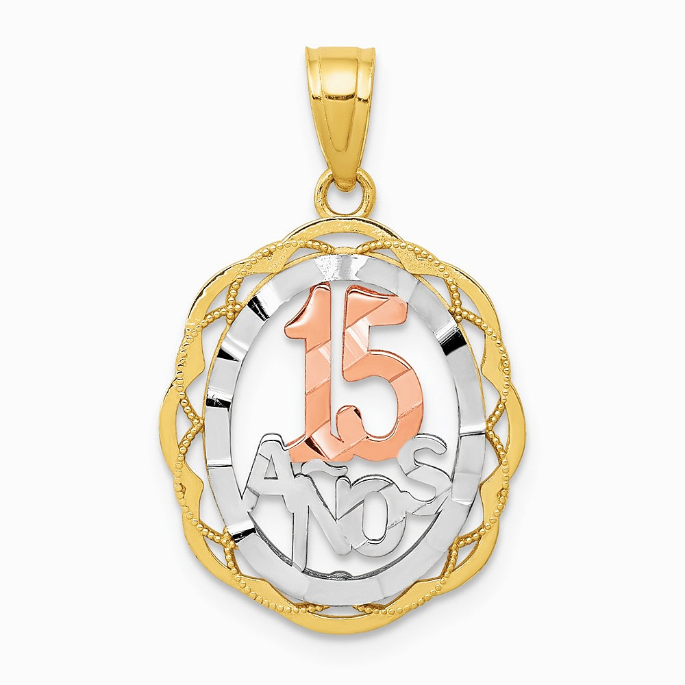 10K Two-tone with White Rhodium Sweet 15 ANOS Oval Pendant