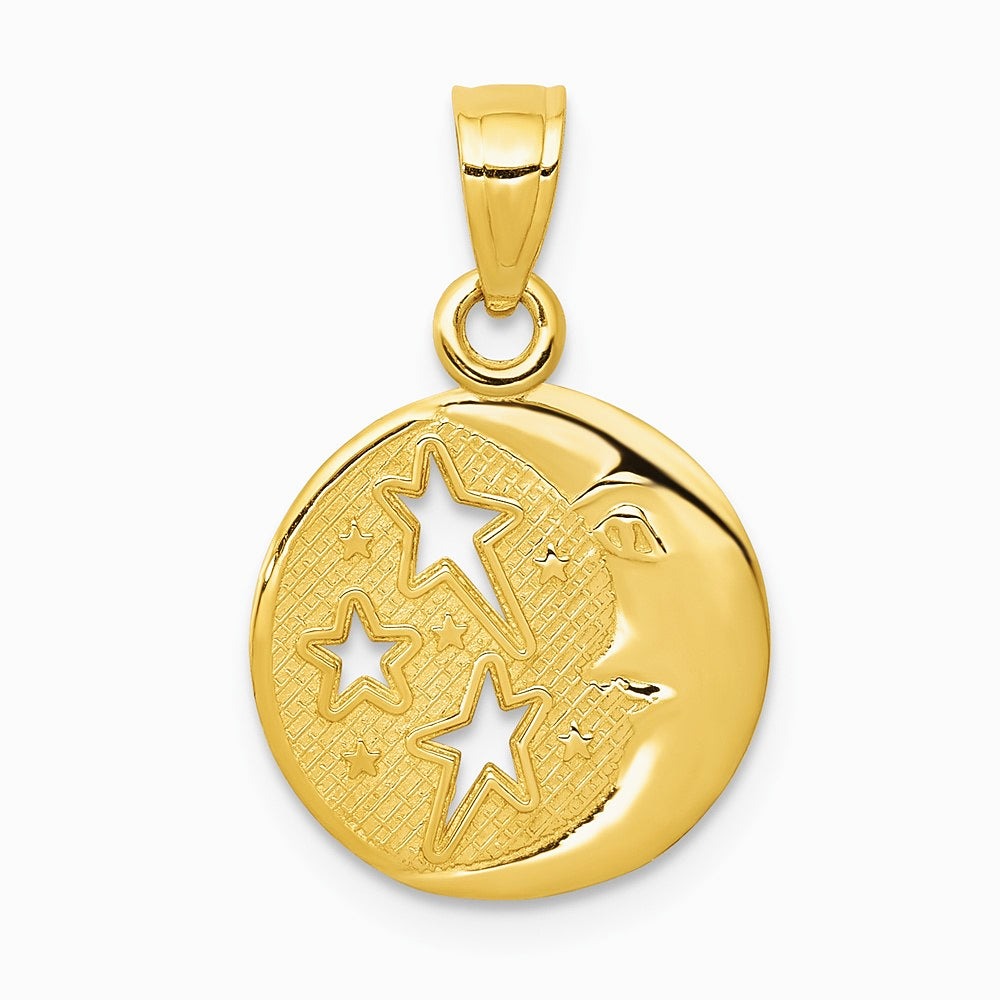 10K / 14K Yellow Gold Polished Flat-Backed Moon with Three Stars Pendant