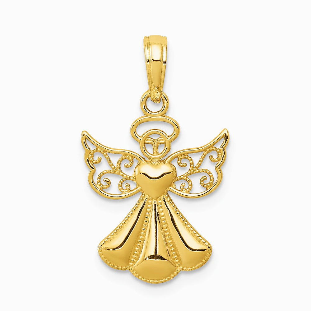 10K / 14K Yellow Gold Polished Textured Guardian Angel W/Heart Pendant - Product Photo