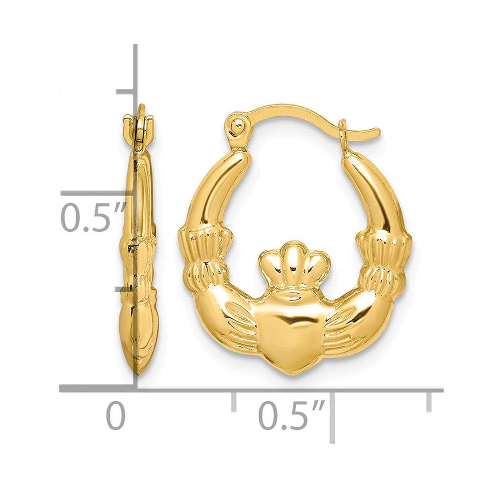 10K Yellow Gold Claddagh Hollow Hoop Earrings - Product Photo