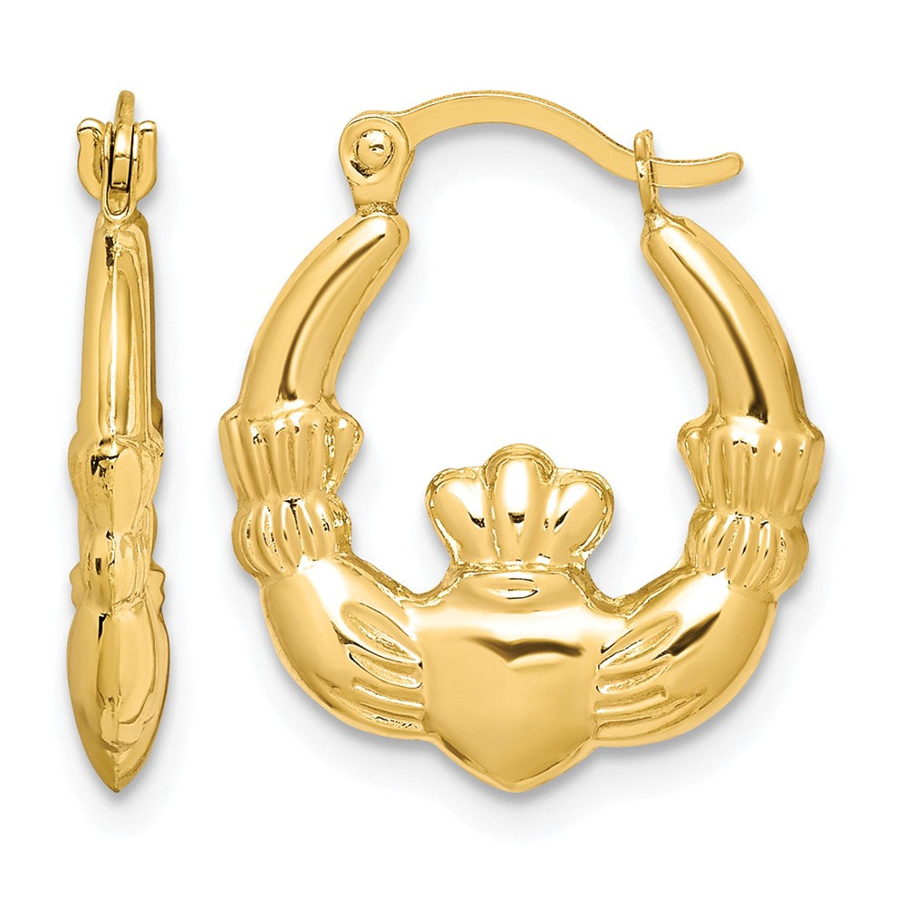 10K Yellow Gold Claddagh Hollow Hoop Earrings - Product Photo