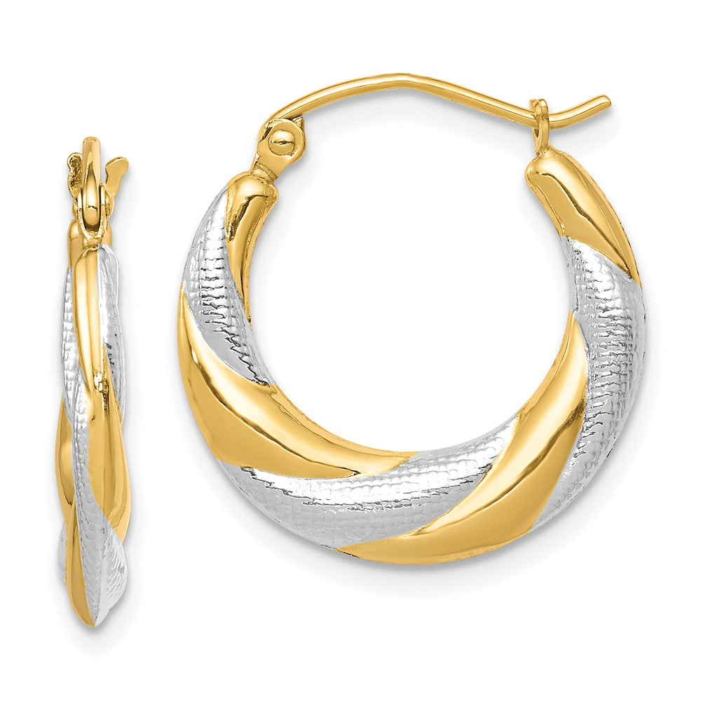 10K Yellow with Rhodium & Rhodium Twist Hollow Hoop Earrings